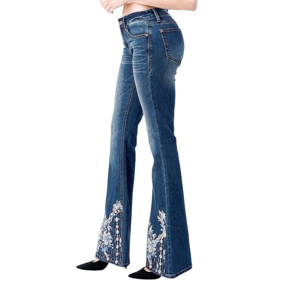 Grace In LA Bell Bottom Jeans 27 Sequins Embroidered Boho Hippie Flare Weatern - Picture 6 of 12